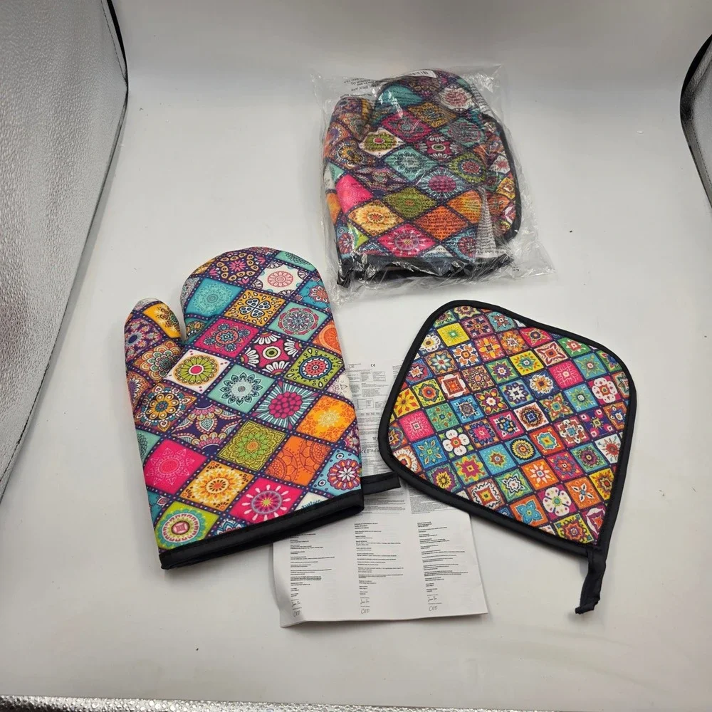 Mandala Patchwork Oven Mitt and Pot Holder Set 3 Piece Colorful Boho Kitchen L4